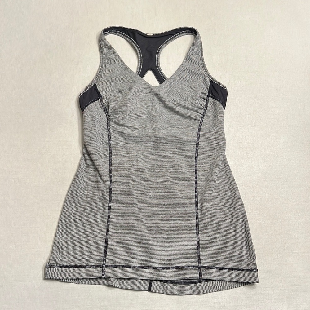 35. Lululemon Grey Stripe Tank Top with Ruching
